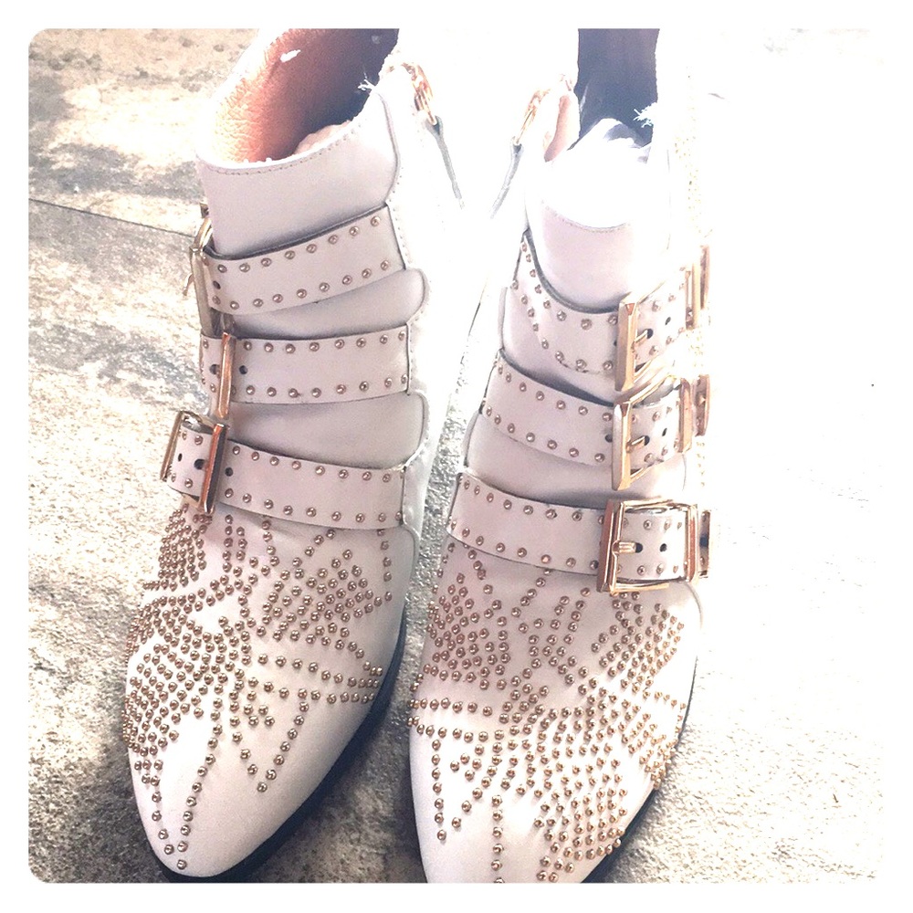 Women's leather White studded ankle booties